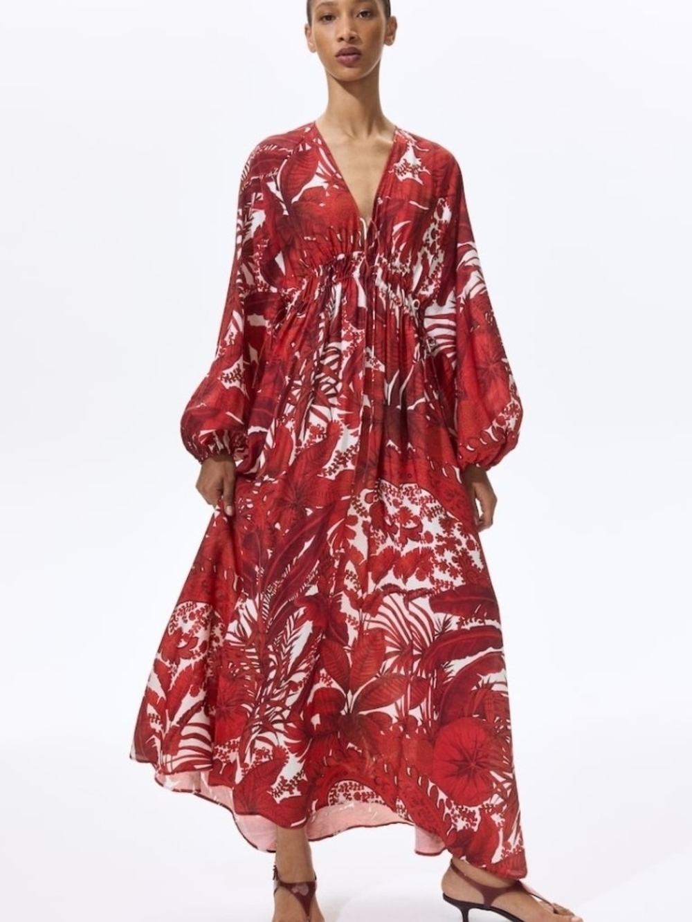 H&M Red Floral V-Neck Long Sleeve Maxi Dress